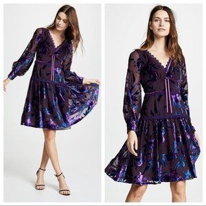 Marchesa Notte 8 Purple Bishop Sleeve Printed Velvet Burnout Cocktail New